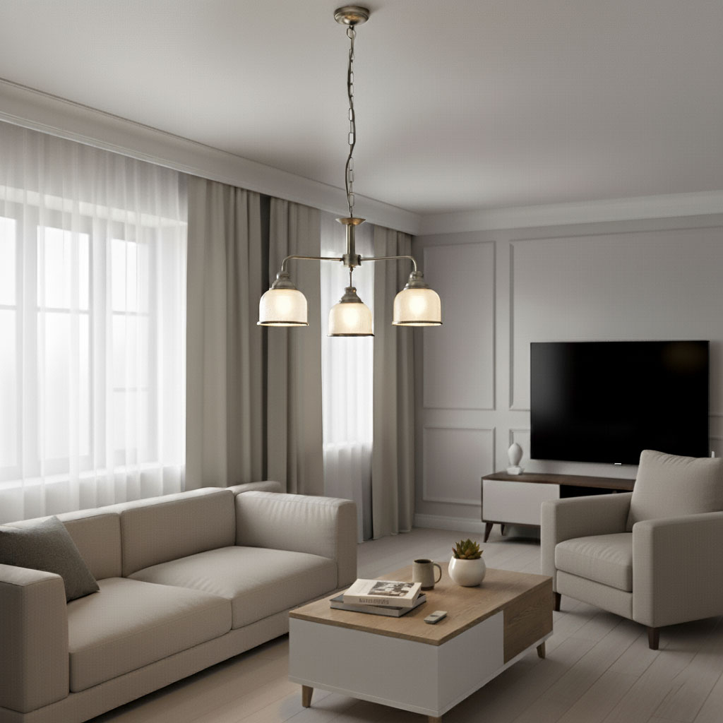 Lampa wisząca Bistro II 3-punktowa w kolorze antycznego mosiądzu, z trzema szklanymi kloszami, zawieszona na łańcuchu w stylowym wnętrzu salonu. Lampa znajduje się nad stolikiem kawowym, w otoczeniu jasnych mebli i zasłon.