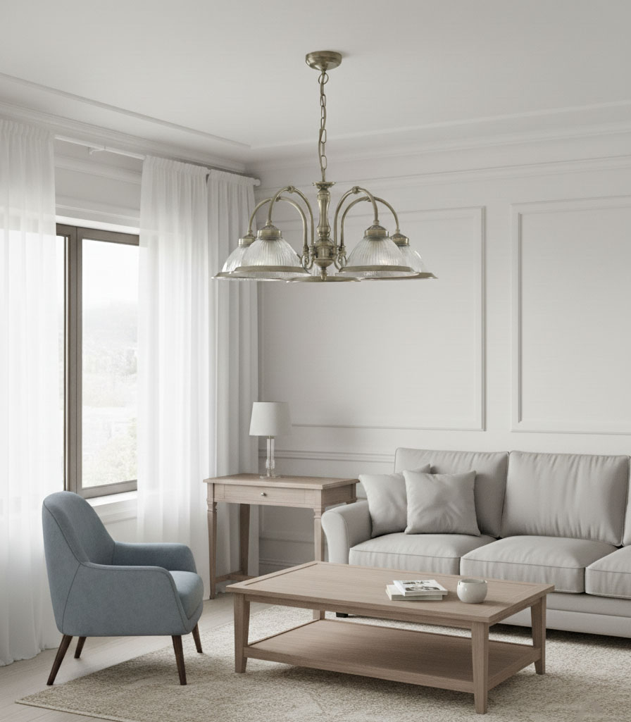 Lampa wisząca American Diner 5-punktowa w antycznym mosiądzu, z kloszami w kształcie stożków. Zawieszona na metalowym łańcuchu, w eleganckim wnętrzu z jasnymi zasłonami i sofą.