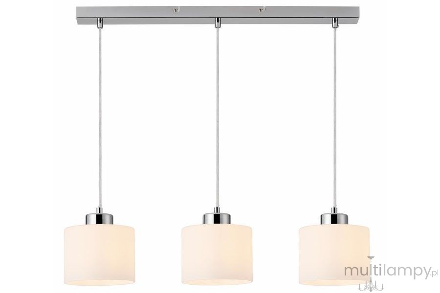 Lampa wisząca Riva 3xE27 w chromowanym wykończeniu, z trzema okrągłymi kloszami z białego szkła. Ułożona poziomo na metalowej podstawie, z długimi zawieszkami. Idealna do nowoczesnych wnętrz.