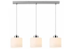 Lampa wisząca Riva 3xE27 w chromowanym wykończeniu, z trzema okrągłymi kloszami z białego szkła. Ułożona poziomo na metalowej podstawie, z długimi zawieszkami. Idealna do nowoczesnych wnętrz.