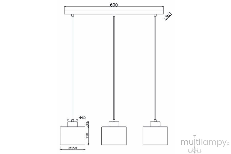 Lampa wisząca Riva 3xE27 w chromie, z trzema kwadratowymi kloszami zawieszonymi na cienkich linkach. Ujęcie frontalne, pokazujące długość 600 mm i wysokość 180 mm. Klosze o średnicy 150 mm, podstawa o średnicy 60 mm.