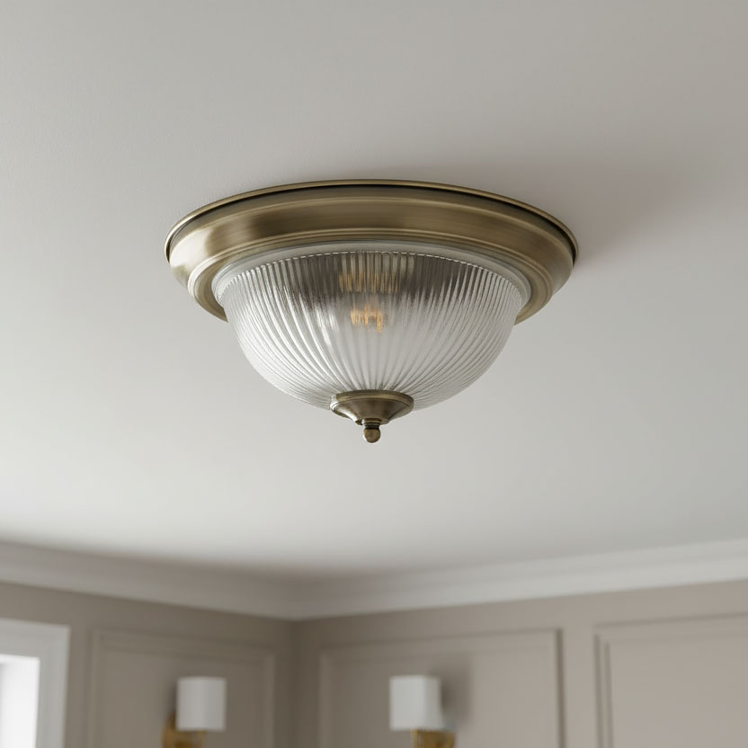 Lampa sufitowa American Diner IP44, 2-punktowa, w kolorze antycznego mosiądzu. Szklany klosz z drobnym żłobieniem, okrągły kształt, zamontowana na suficie. Idealna do wnętrz w stylu retro.