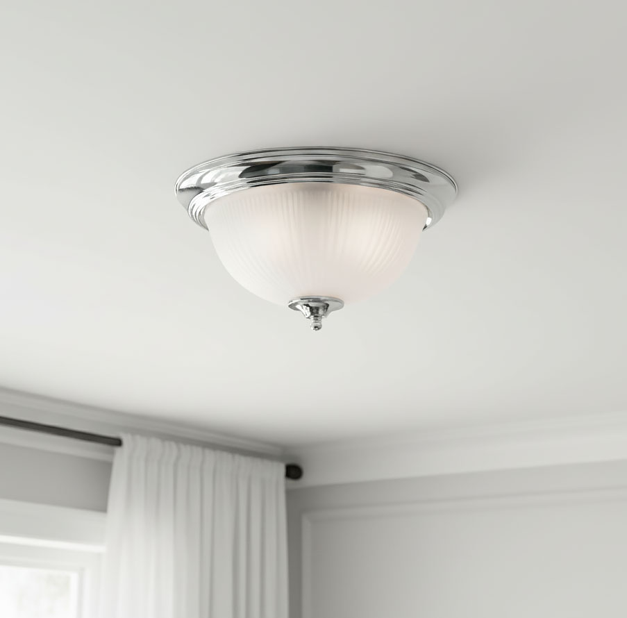 Lampa sufitowa American Diner IP44, 2-punktowa, w kolorze chromu. Szklany klosz o ribbowanej fakturze, montowana na suficie. Widok z dołu, na tle gładkiego sufitu. Idealna do wnętrz, zapewniająca eleganckie oświetlenie.