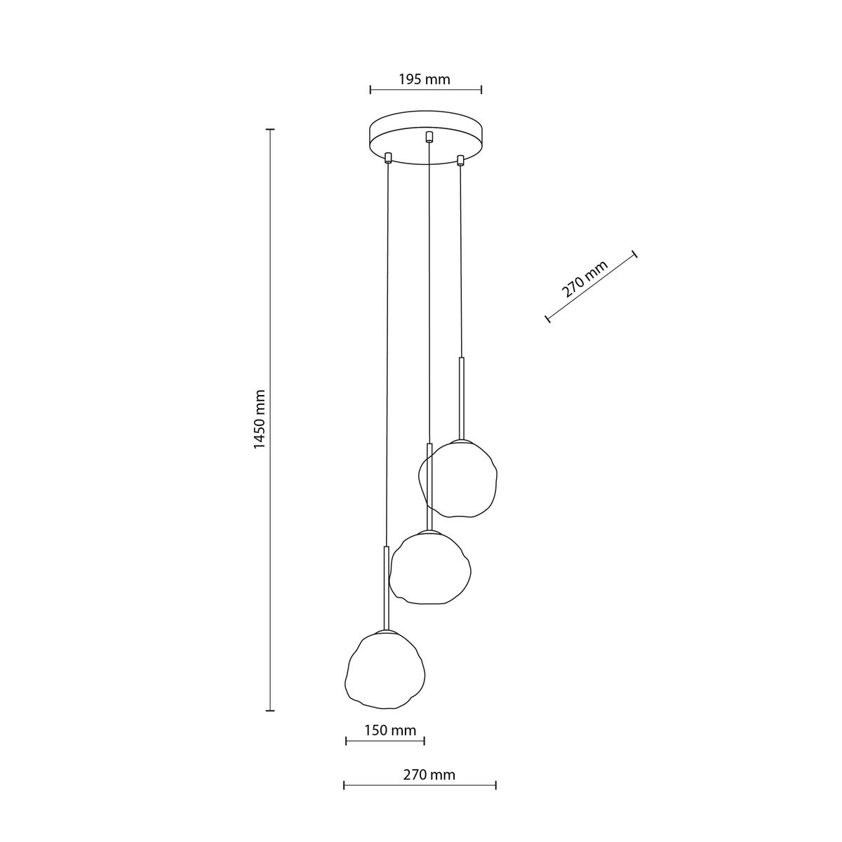 Czarna lampa wisząca Misty z trzema kloszami na źródła światła G9. Klosze w kształcie okrągłych, nieregularnych elementów, zawieszone na cienkich linkach. Wysokość 1450 mm, średnica kloszy 150 mm, odstęp między nimi 270 mm.