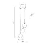 Czarna lampa wisząca Misty z trzema kloszami na źródła światła G9. Klosze w kształcie okrągłych, nieregularnych elementów, zawieszone na cienkich linkach. Wysokość 1450 mm, średnica kloszy 150 mm, odstęp między nimi 270 mm.