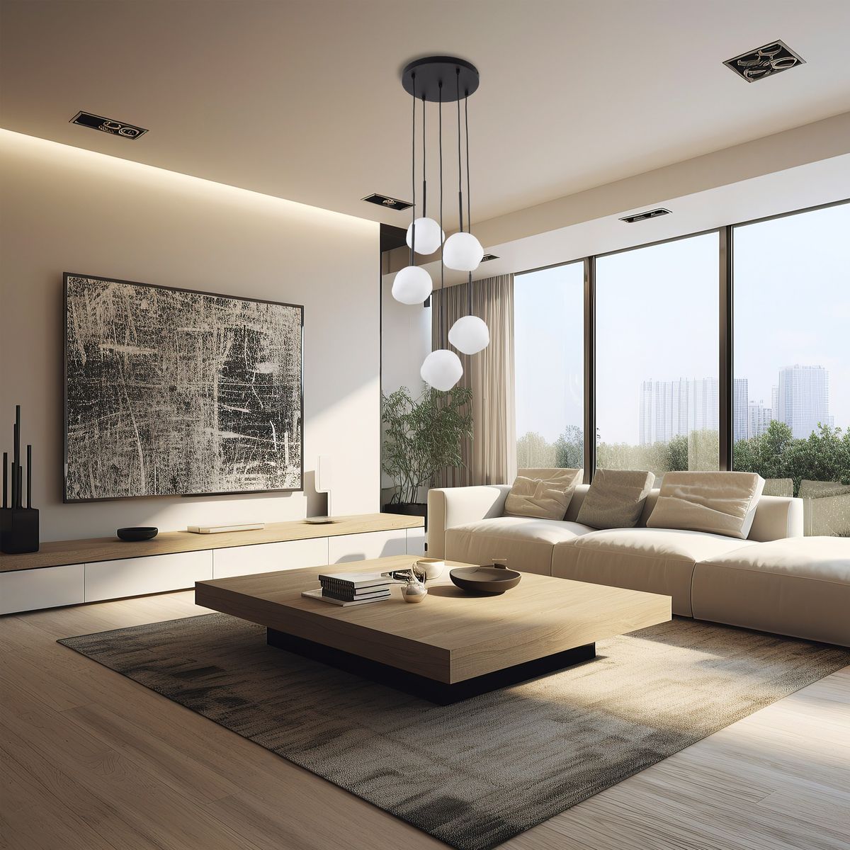 Lampa wisząca Misty 5xG9 w kolorze czarnym, z pięcioma białymi, okrągłymi kloszami, zawieszona na cienkich linkach. Ujęcie frontalne w nowoczesnym wnętrzu z kanapą i stolikiem kawowym, na jasnym tle z dużymi oknami.