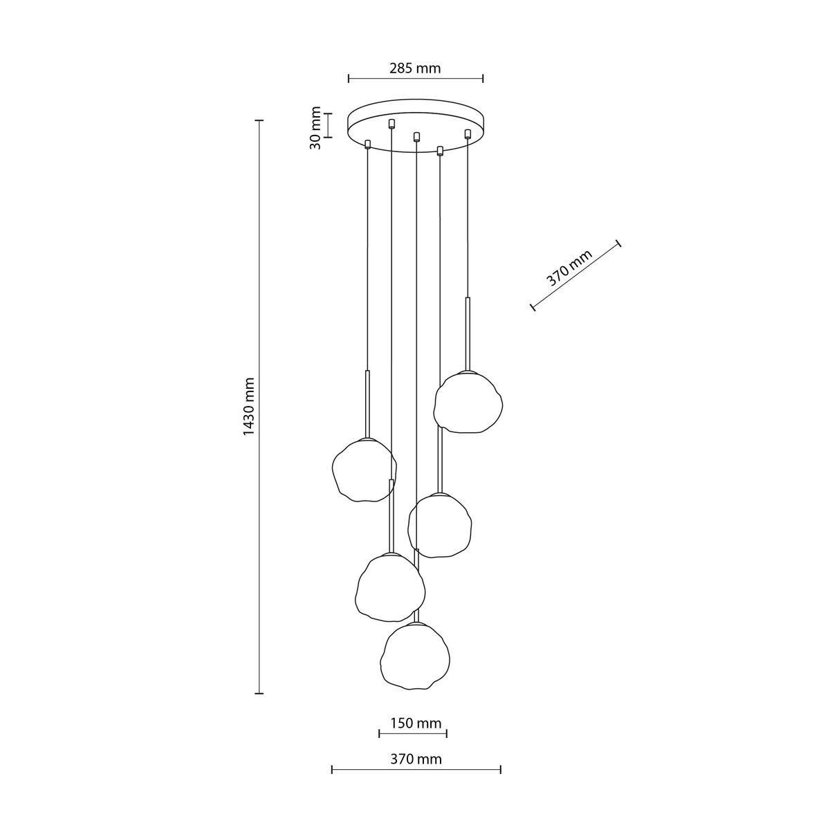 Czarna lampa wisząca Misty z pięcioma punktami świetlnymi G9. Okrągła podsufitka o średnicy 285 mm, zwisające klosze w kształcie kul o średnicy 150 mm, zawieszone na różnych wysokościach. Wysokość całkowita 1430 mm. Idealna do nowoczesnych wnętrz.