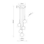 Czarna lampa wisząca Misty z pięcioma punktami świetlnymi G9. Okrągła podsufitka o średnicy 285 mm, zwisające klosze w kształcie kul o średnicy 150 mm, zawieszone na różnych wysokościach. Wysokość całkowita 1430 mm. Idealna do nowoczesnych wnętrz.
