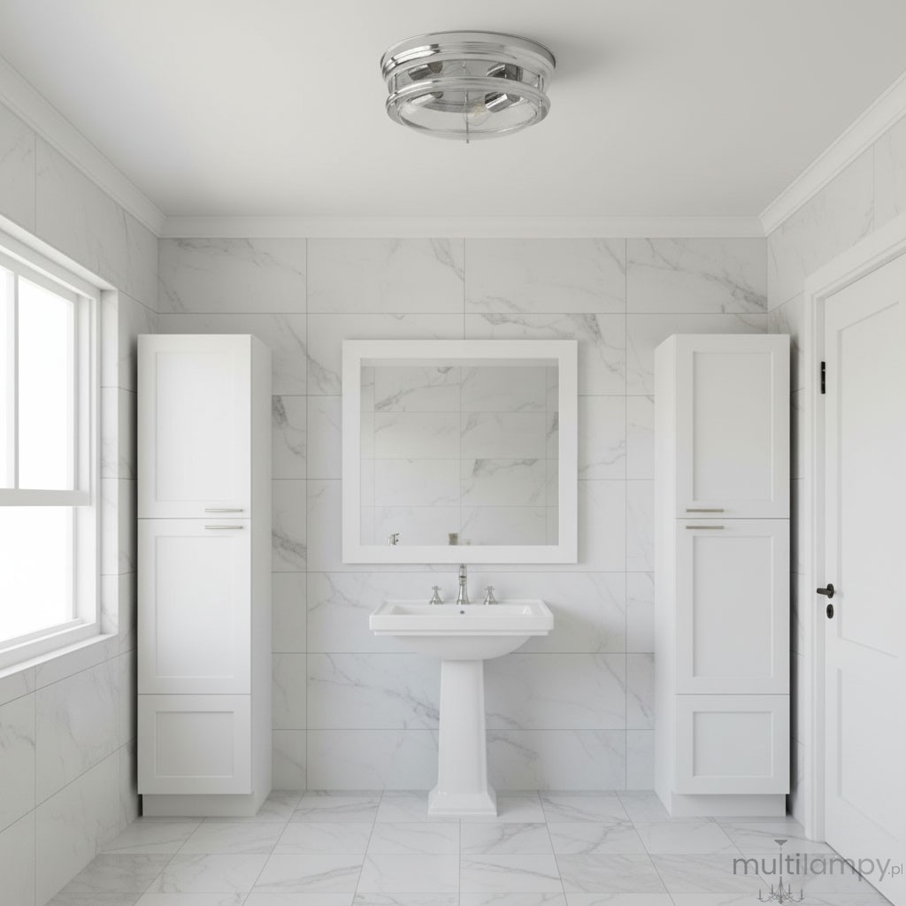 Lampa sufitowa Glasgow IP44 2-punktowa w kolorze chromowanym, okrągła, zamontowana na suficie w jasnej łazience. Oświetlenie o minimalistycznym designie, harmonizujące z nowoczesnym wystrojem.