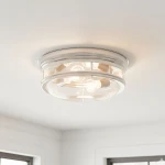 Lampa sufitowa 2-punktowa Glasgow IP44 w chromowanej obudowie, z przezroczystą kloszem. Ujęcie z dołu, zamontowana na suficie, z widocznymi żarówkami w środku. Idealna do wnętrz, zapewniająca nowoczesne oświetlenie.