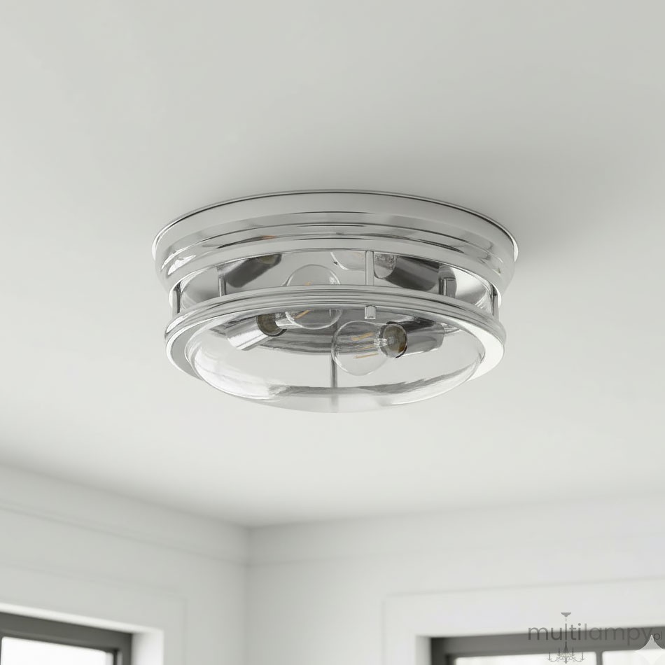Lampa sufitowa 2-punktowa Glasgow IP44 w chromowanej obudowie, z przezroczystymi kloszami, umieszczona na białym suficie. Widok z dołu, ukazujący detale konstrukcji i źródła światła. Idealna do wnętrz z wymaganiami nawilżenia.