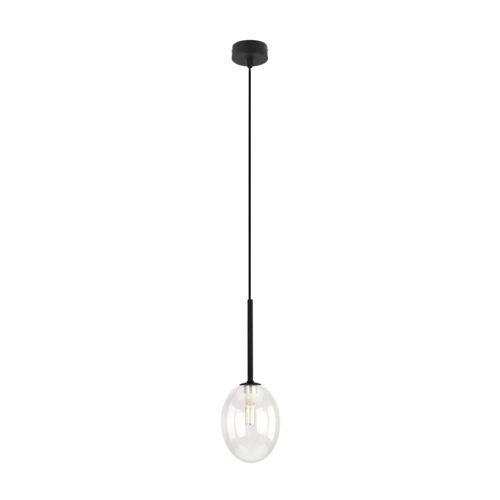 Lampa wisząca Pearl z czarnym metalowym mocowaniem i przezroczystym kloszem w kształcie jajka, zawieszona na długim przewodzie. Ujęcie frontalne, produkt w pozycji wiszącej, idealny do nowoczesnych wnętrz.