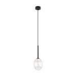 Lampa wisząca Pearl z czarnym metalowym mocowaniem i przezroczystym kloszem w kształcie jajka, zawieszona na długim przewodzie. Ujęcie frontalne, produkt w pozycji wiszącej, idealny do nowoczesnych wnętrz.