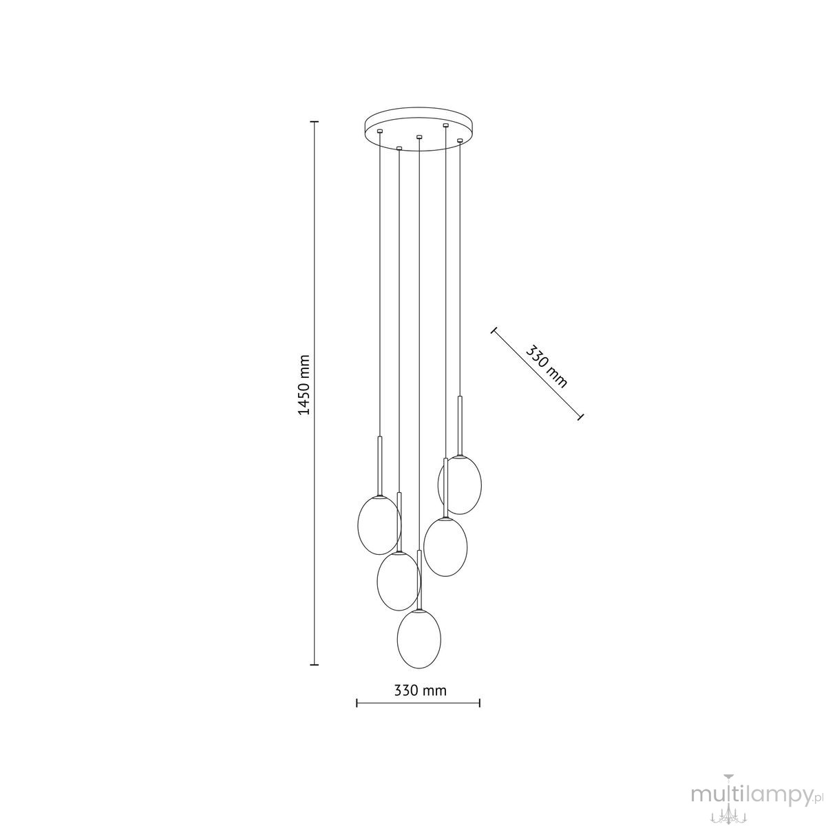 Lampa wisząca Pearl Mix w kolorze czarnym z pięcioma kulistymi kloszami w różnych kolorach. Ułożona w pionie, zawieszona na trzech cienkich linkach. Wymiary: wysokość 1450 mm, średnica 330 mm.