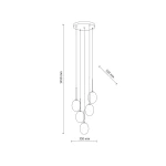 Lampa wisząca Pearl Mix w kolorze czarnym z pięcioma kulistymi kloszami w różnych kolorach. Ułożona w pionie, zawieszona na trzech cienkich linkach. Wymiary: wysokość 1450 mm, średnica 330 mm.