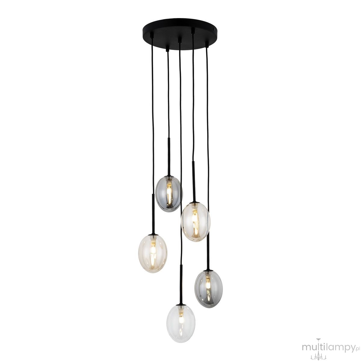 Lampa wisząca Pearl Mix w kolorze czarnym, z pięcioma szklanymi kulami o różnych odcieniach, zawieszona na czarnych linkach. Kule mają przezroczyste i lekko matowe wykończenie, co nadaje elegancki wygląd. Umożliwia użycie żarówek G9.