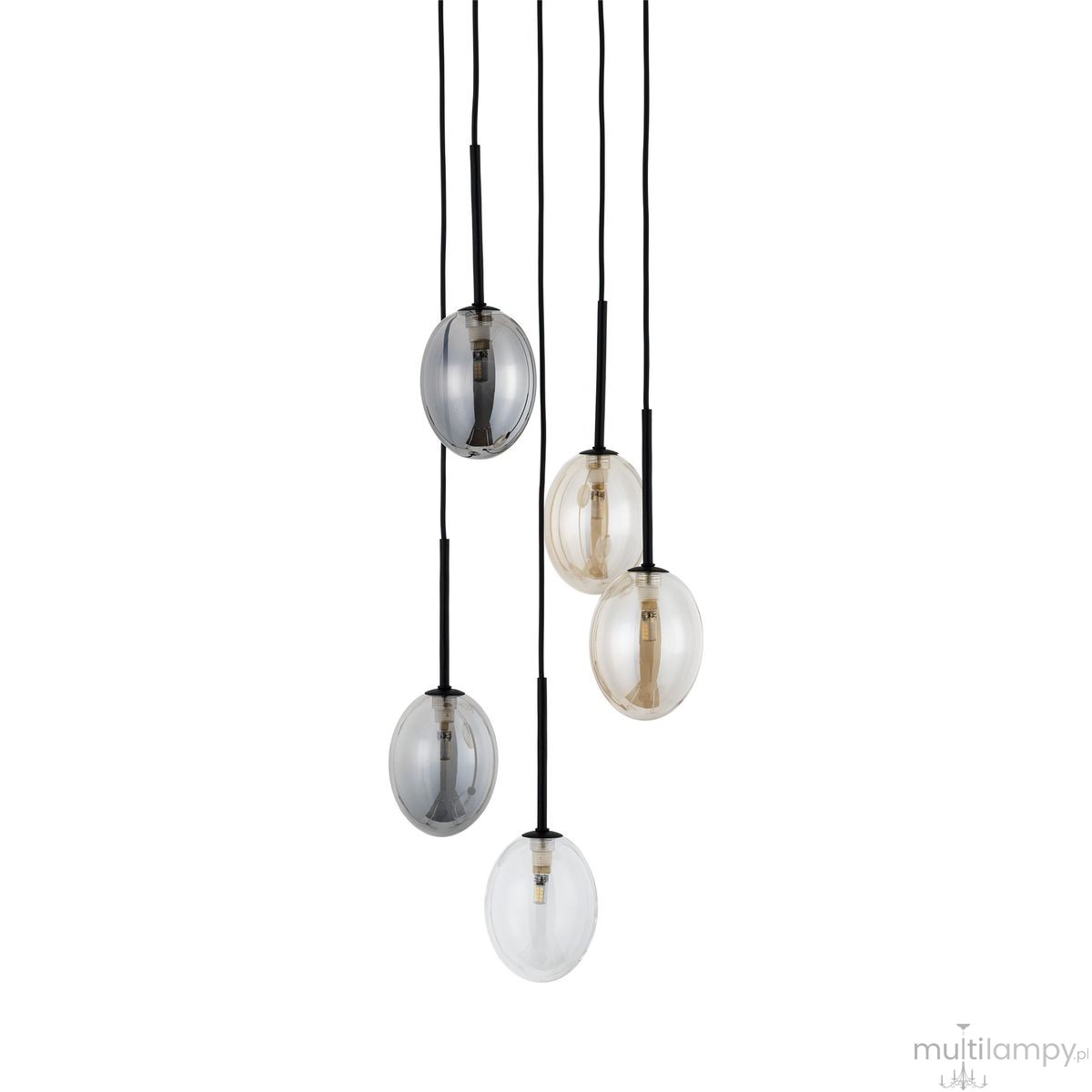 Lampa wisząca Pearl Mix z pięcioma kloszami w kształcie kul, w kolorach przezroczystym, szarym i brązowym, zawieszona na czarnych przewodach. Klosze różnej długości, umieszczone w jednej linii. Idealna do nowoczesnych wnętrz.
