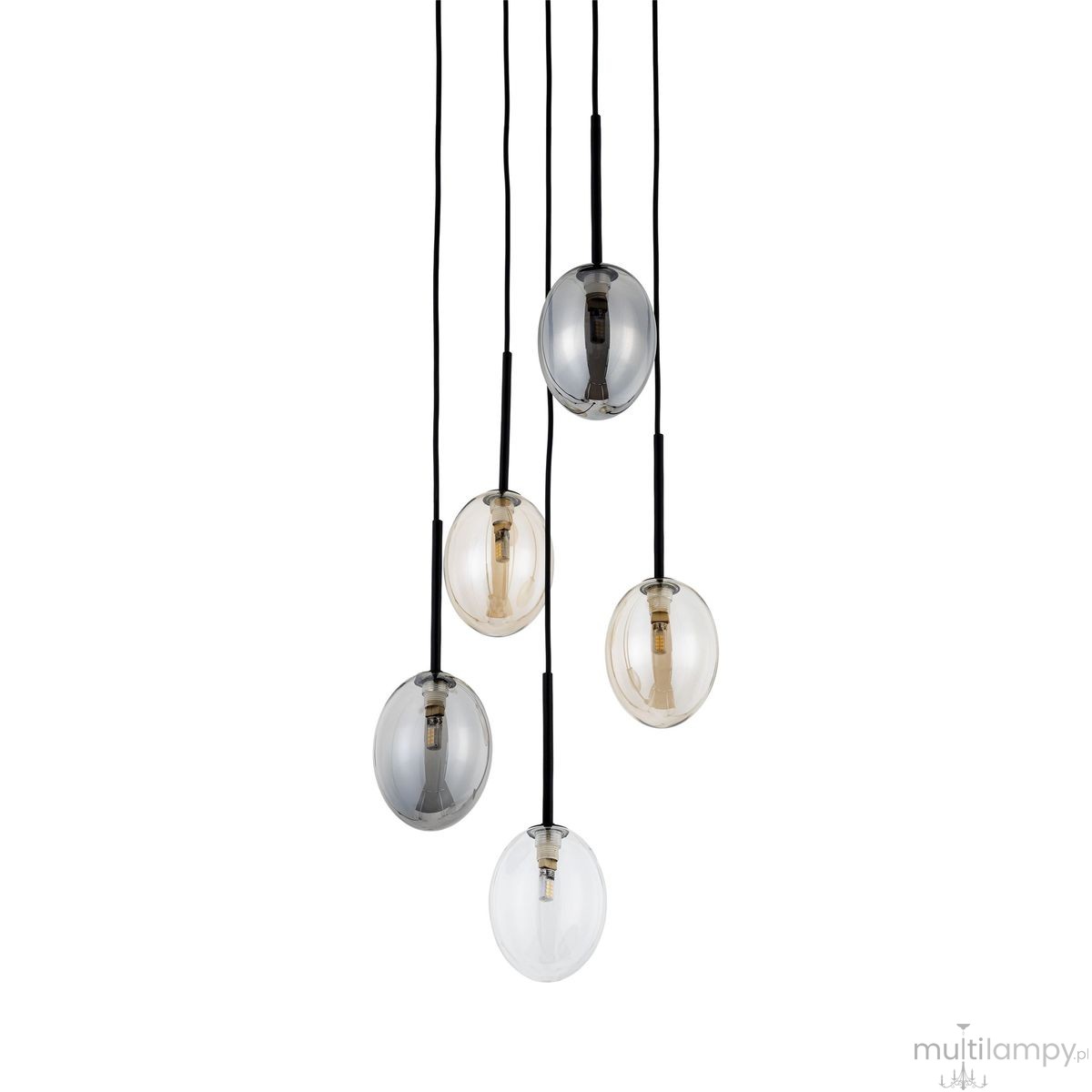 Lampa wisząca Pearl Mix z pięcioma kloszami G9 w różnych kolorach (czarny, przezroczysty, szary) zawieszona na czarnych przewodach. Klosze mają owalny kształt, różne wysokości, tworząc efektowną kompozycję. Tło proste, białe.