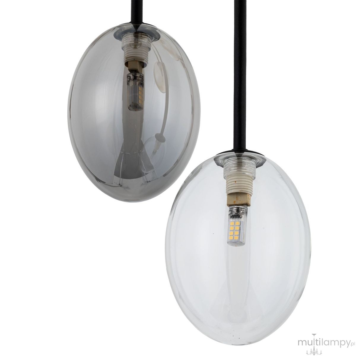 Lampa wisząca Pearl Mix w kolorze czarnym z pięcioma kloszami w multikolorze. Klosze w kształcie owalu, wykonane z przezroczystego i szarego materiału, zawieszone na czarnym przewodzie. Widoczna oprawka G9 z żarówką LED.