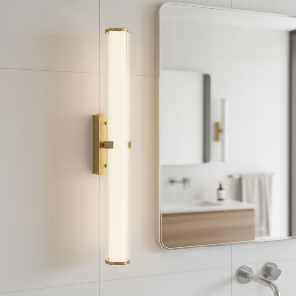 Kinkiet Clamp LED IP44 w kolorze złotym, o cylindrycznym kształcie, zamontowany na ścianie. Emisja światła przez przezroczystą osłonę. W tle widoczna łazienka z lustrem, umywalką i ręcznikiem.