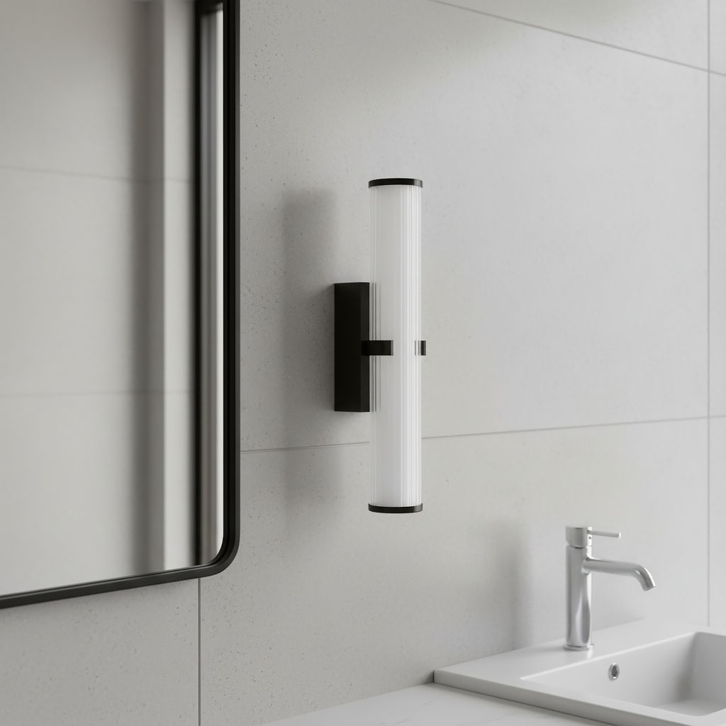 Kinkiet Clamp LED IP44 w kolorze czarnym, montowany na ścianie, z przezroczystym kloszem w formie cylindrycznej. Zainstalowany obok lustra na jasnej, gładkiej ścianie, idealny do łazienki.