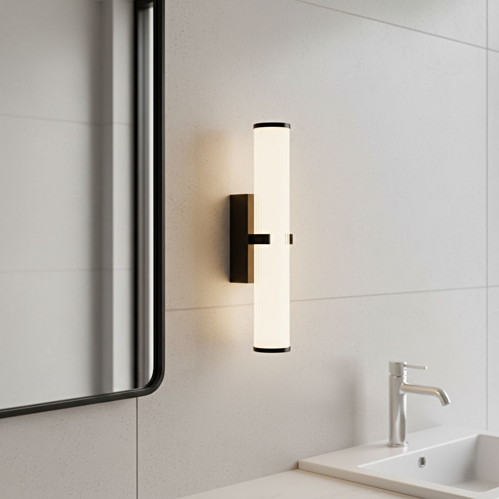 Kinkiet Clamp LED IP44 w kolorze czarnym, o cylindrycznym kształcie, zamocowany na ścianie. Posiada przezroczystą, teksturowaną osłonę, emitującą ciepłe światło, w aranżacji łazienkowej obok lustra i umywalki.