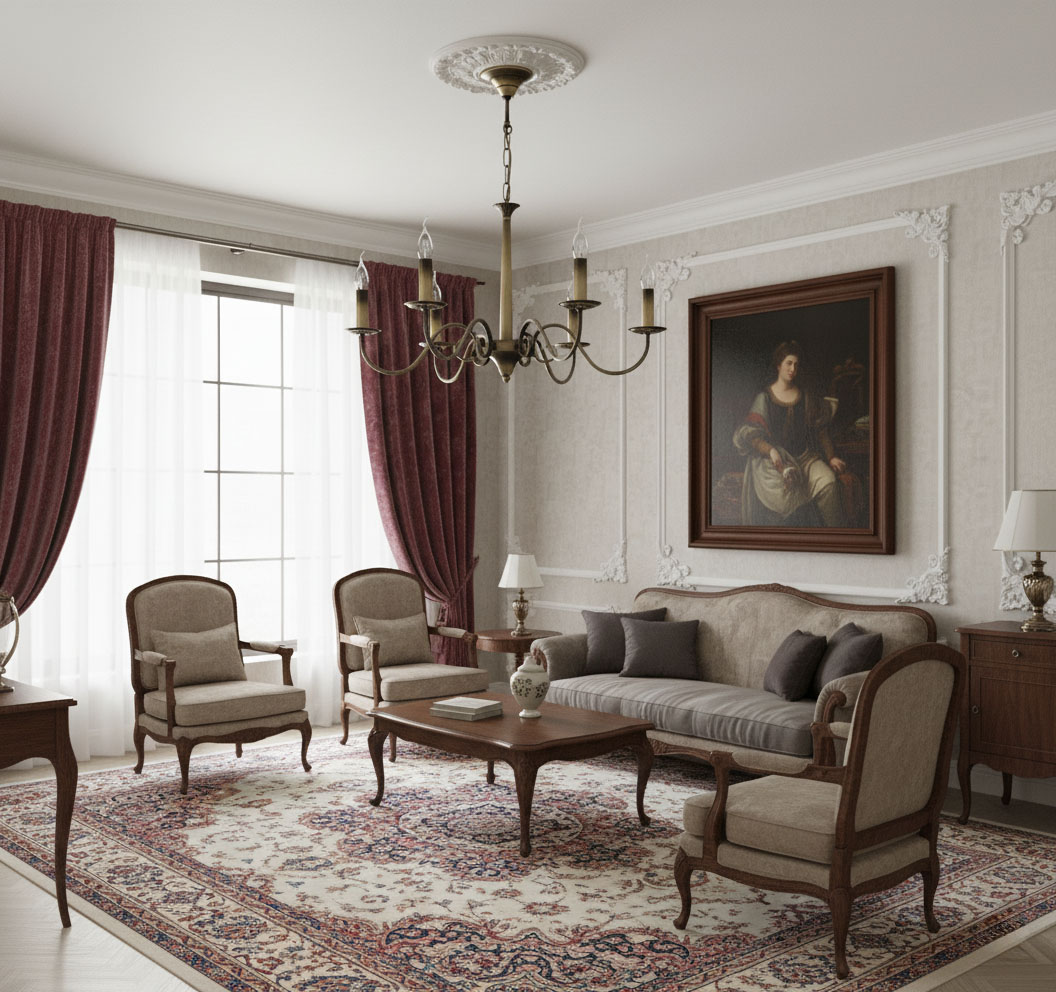 Żyrandol Asti 6-punktowy w kolorze patyny, zawieszony centralnie w eleganckim salonie. Wnętrze z drewnianym stołem, sofą i krzesłami, otoczone zasłonami w odcieniu burgundowym oraz obrazem na ścianie.