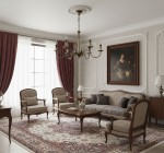 Żyrandol Asti 6-punktowy w kolorze patyny, zawieszony centralnie w eleganckim salonie. Wnętrze z drewnianym stołem, sofą i krzesłami, otoczone zasłonami w odcieniu burgundowym oraz obrazem na ścianie.