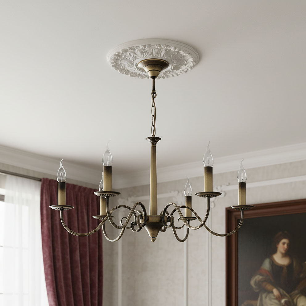 Żyrandol Asti 6-punktowy w kolorze patyny, z sześcioma ramionami zakończonymi przezroczystymi kloszami. Ujęcie frontalne, zawieszony na łańcuchu z ozdobnym sufitem. Widoczny elegancki detal w stylu klasycznym.