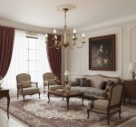 Żyrandol Asti 6-punktowy w odcieniu patyny, zawieszony w pokoju dziennym, z sześcioma źródłami światła w kształcie świec. Otoczony eleganckim wystrojem, w tym zasłonami i klasycznymi meblami.