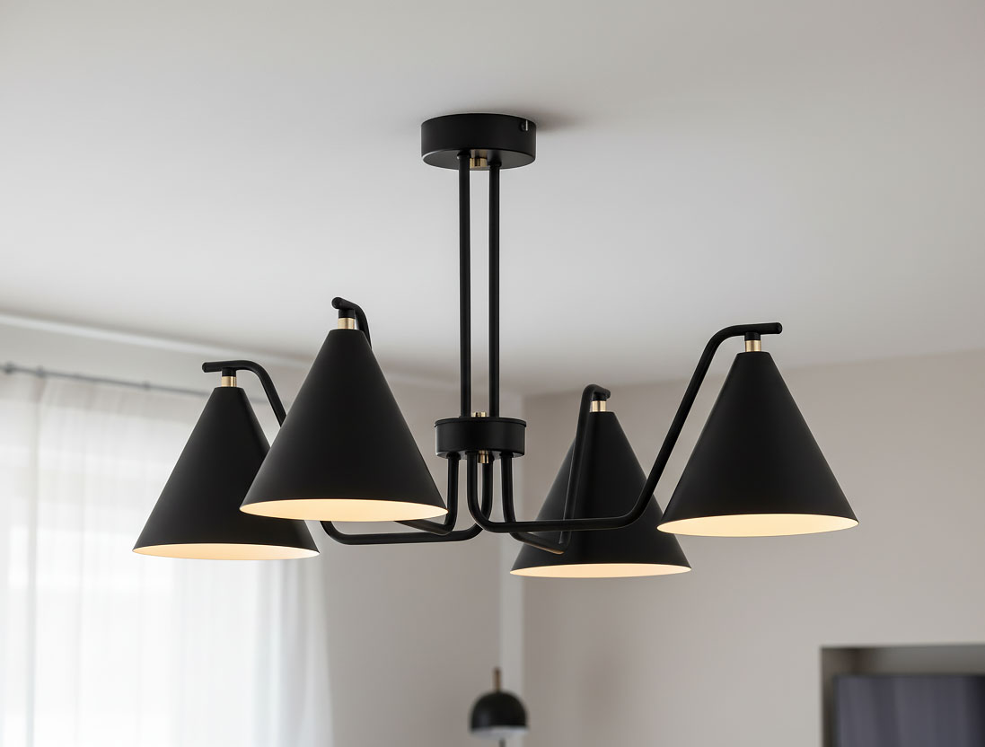 Lampa sufitowa Atlas z czterema kloszami w kształcie stożków, wykonana z matowego czarnego metalu z elementami w złotym kolorze. Montaż na suficie, widok z dołu, w jasnym wnętrzu z białymi firanami.