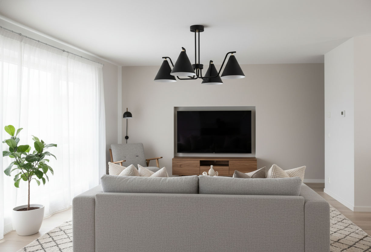 Czarna lampa sufitowa Atlas z czterema kloszami w kształcie stożków, zawieszona na czarnym stelażu. Widok z dołu, w nowoczesnym wnętrzu z telewizorem, kanapą i rośliną w doniczce. Klosze mają górne białe wykończenie.