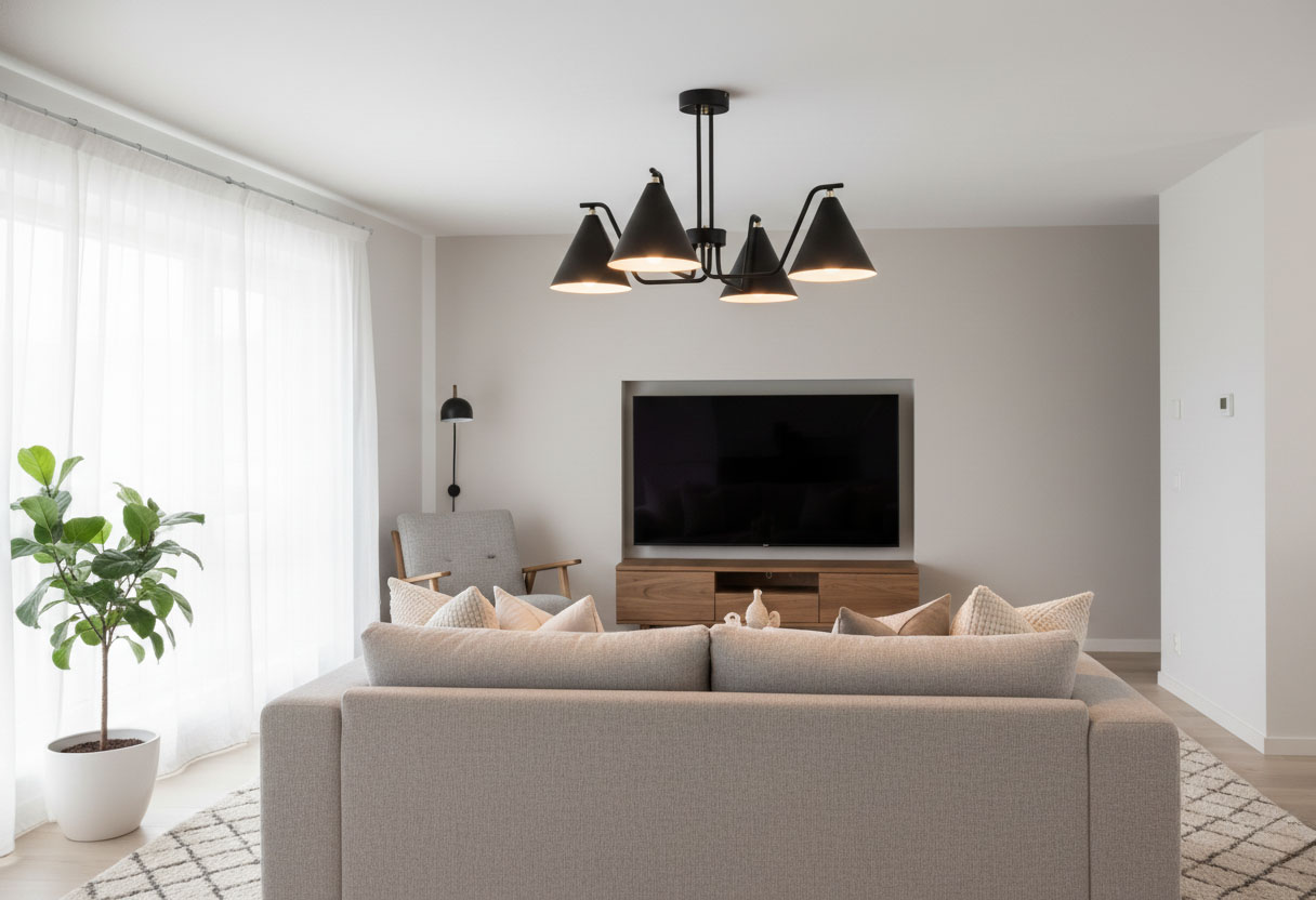 Czarna lampa sufitowa Atlas z czterema kloszami w kształcie stożków, mocowana do sufitu. Widok z perspektywy kanapy w nowoczesnym wnętrzu, w tle telewizor i rośliny. Klosze emitują miękkie światło, tworząc przytulną atmosferę.
