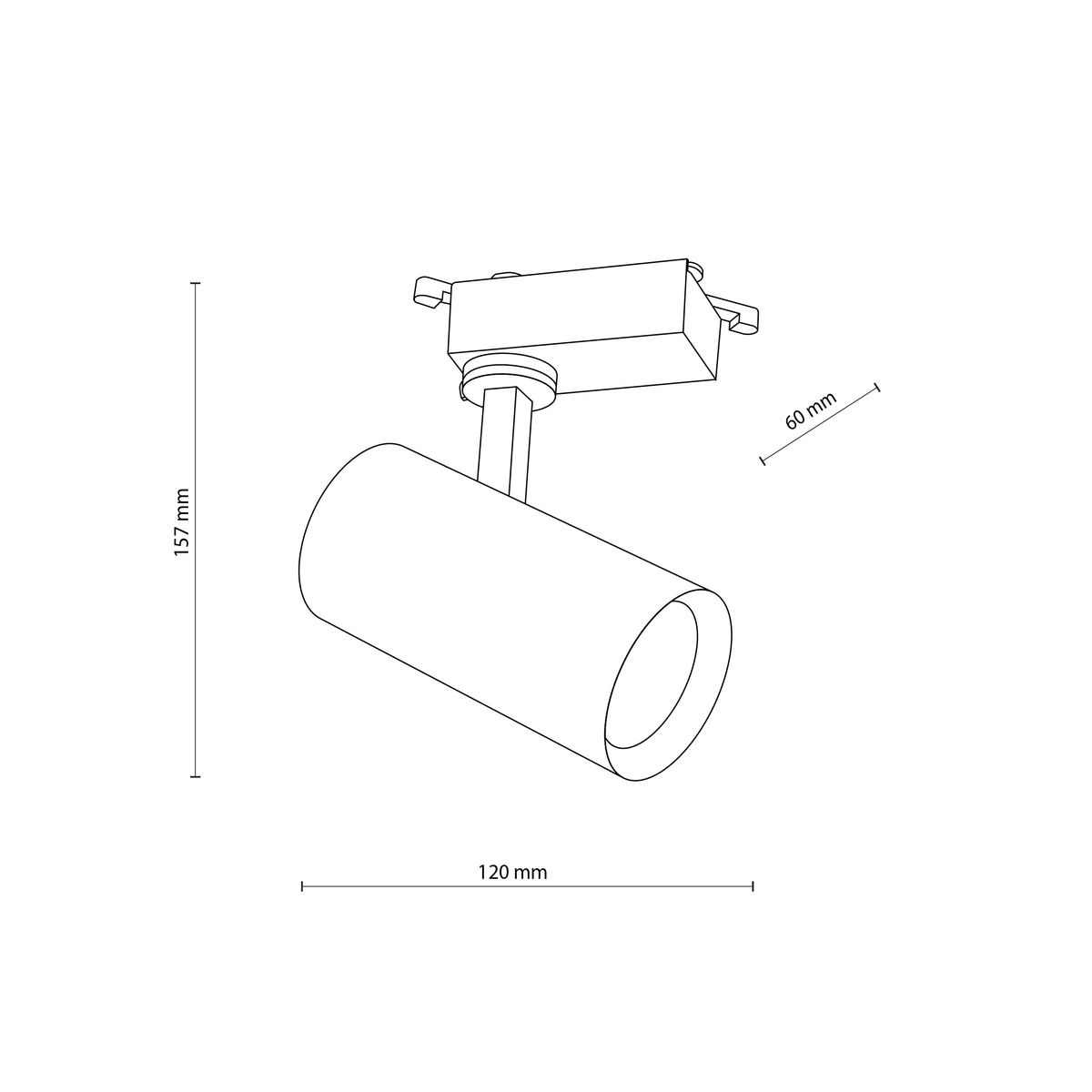 Reflektor spot Tracer 1xGU10 w kolorze białym, montowany na szynie 1-fazowej. Cylindryczny kształt, wymiar 120 mm długości, 60 mm średnicy, wysokość 157 mm. Uchwyt do montażu na szynie.