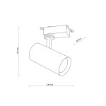 Reflektor spot Tracer 1xGU10 w kolorze białym, montowany na szynie 1-fazowej. Cylindryczny kształt, wymiar 120 mm długości, 60 mm średnicy, wysokość 157 mm. Uchwyt do montażu na szynie.