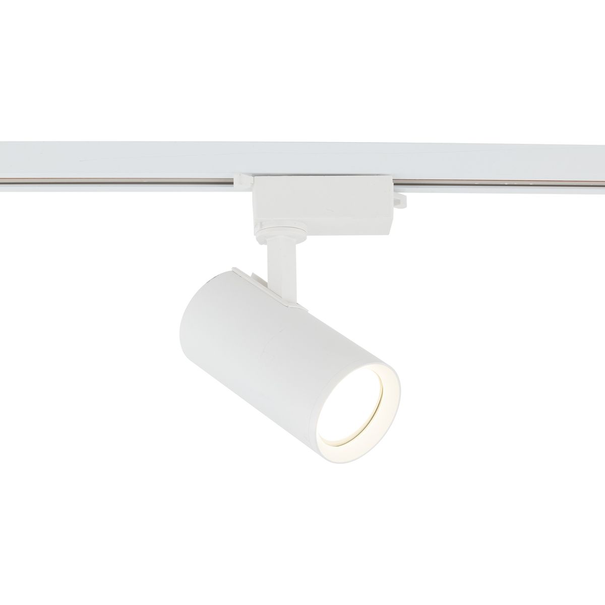 Reflektor spot Tracer 1xGU10 w kolorze białym, zamontowany na szynie 1-fazowej. Cylindryczny kształt, skierowany w dół, z widocznym źródłem światła. Prosty, nowoczesny design, idealny do oświetlenia wnętrz.