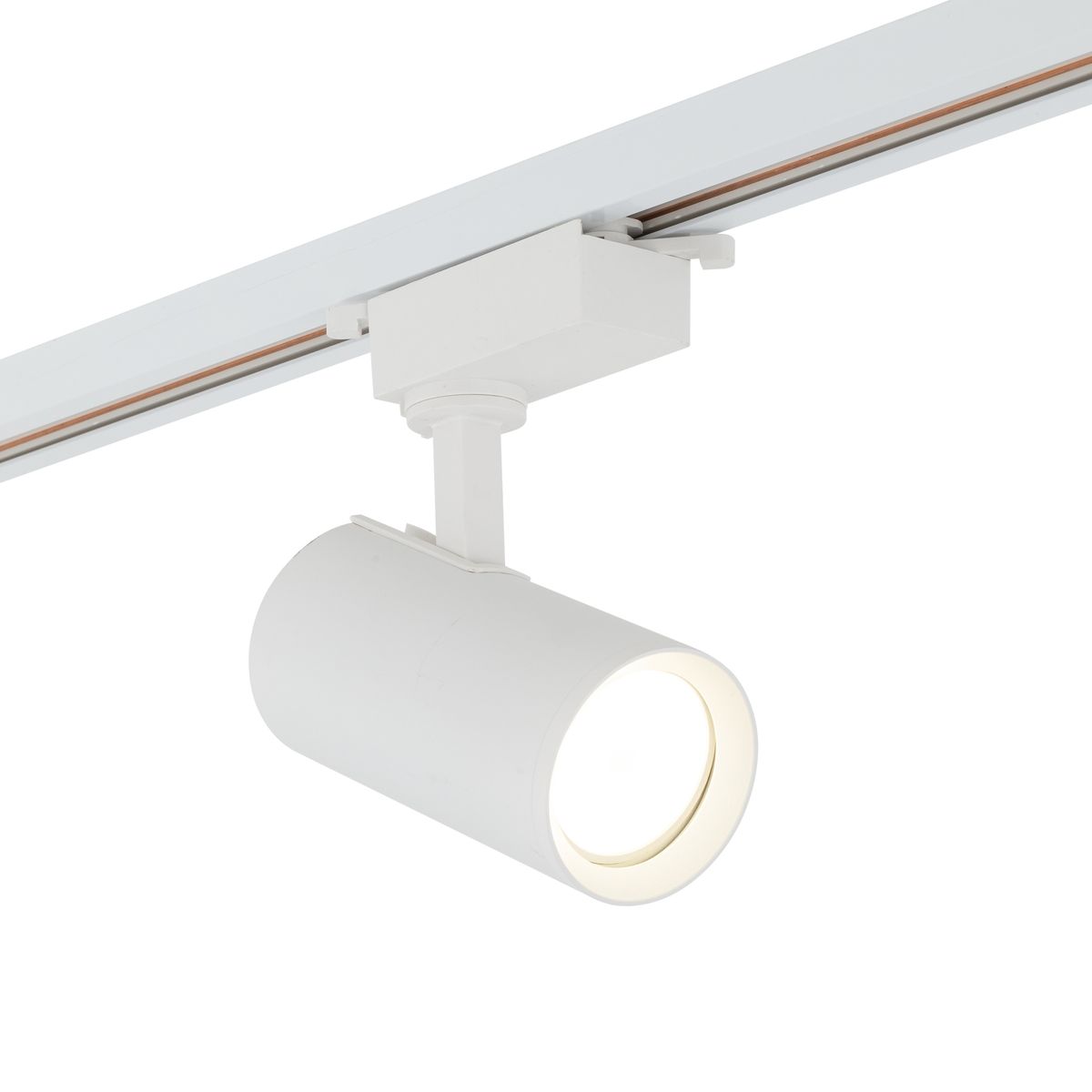 Reflektor spot Tracer 1xGU10 w kolorze białym, montowany na szynie 1-fazowej. Cylindryczny kształt z ruchomym ramieniem, skierowany w dół, z widoczną żarówką GU10. Prosty design, idealny do oświetlenia wnętrz.