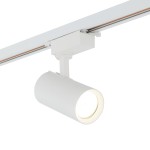Reflektor spot Tracer 1xGU10 w kolorze białym, montowany na szynie 1-fazowej. Cylindryczny kształt z ruchomym ramieniem, skierowany w dół, z widoczną żarówką GU10. Prosty design, idealny do oświetlenia wnętrz.