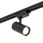Reflektor spot Tracer 1xGU10 w kolorze czarnym, zamontowany na szynie 1-fazowej. Cylindryczny kształt lampy z widocznym źródłem światła w centralnej części. Ujęcie z boku, pokazujące połączenie z szyną.