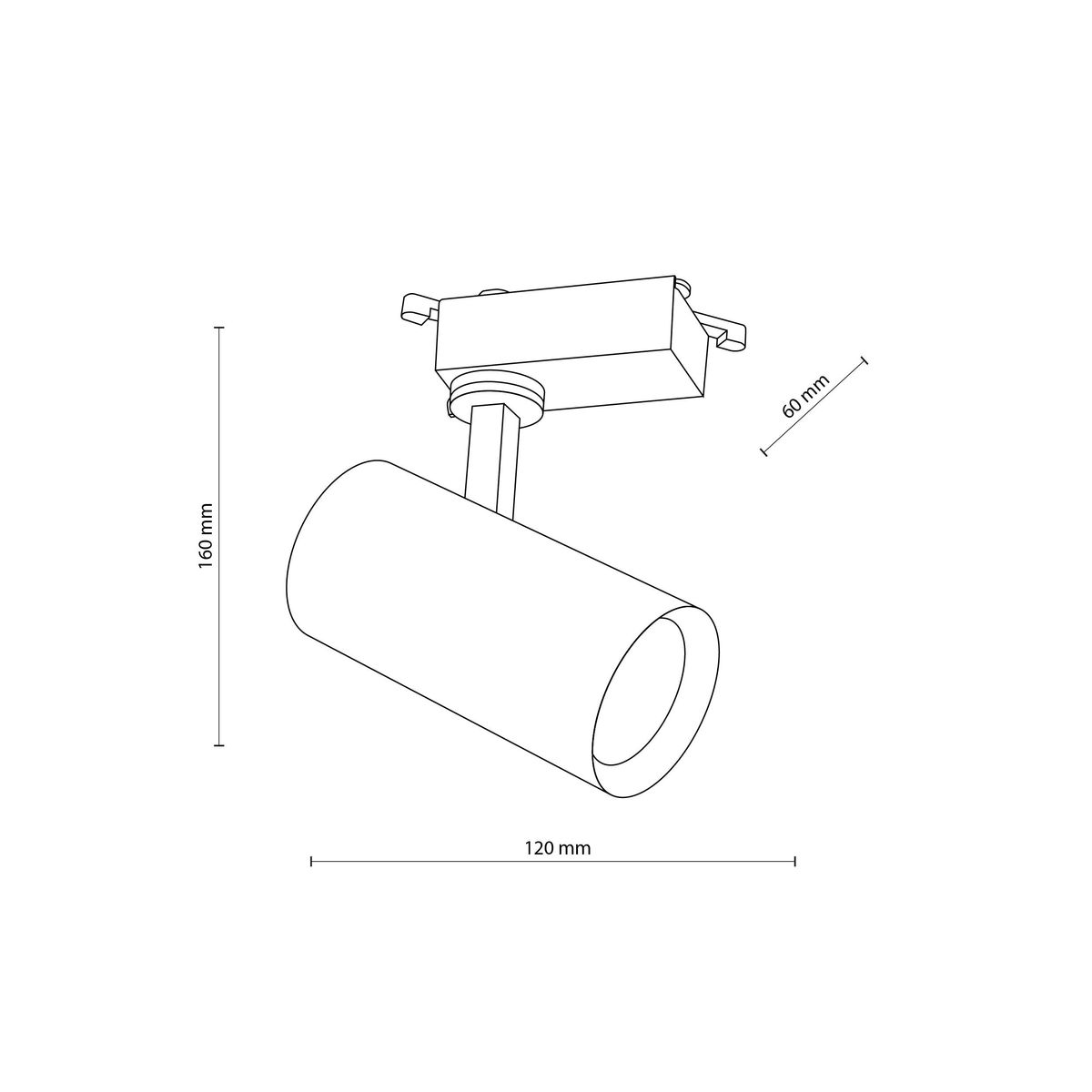 Reflektor Tracer 1xGU10 do szyny 1-fazowej w kolorze czarnym. Cylindryczna obudowa o wymiarach 120 mm długości i 60 mm średnicy, zamontowana na ruchomej podstawie. Wysokość całkowita 160 mm.