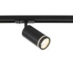 Reflektor spot Tracer Ring Slim w kolorze czarnym, montowany na szynie 1-fazowej. Cylindryczny kształt z metaliczną obręczą. Zbliżenie na źródło światła GU10, zamontowane w pozycji poziomej. Proste, nowoczesne wykończenie.