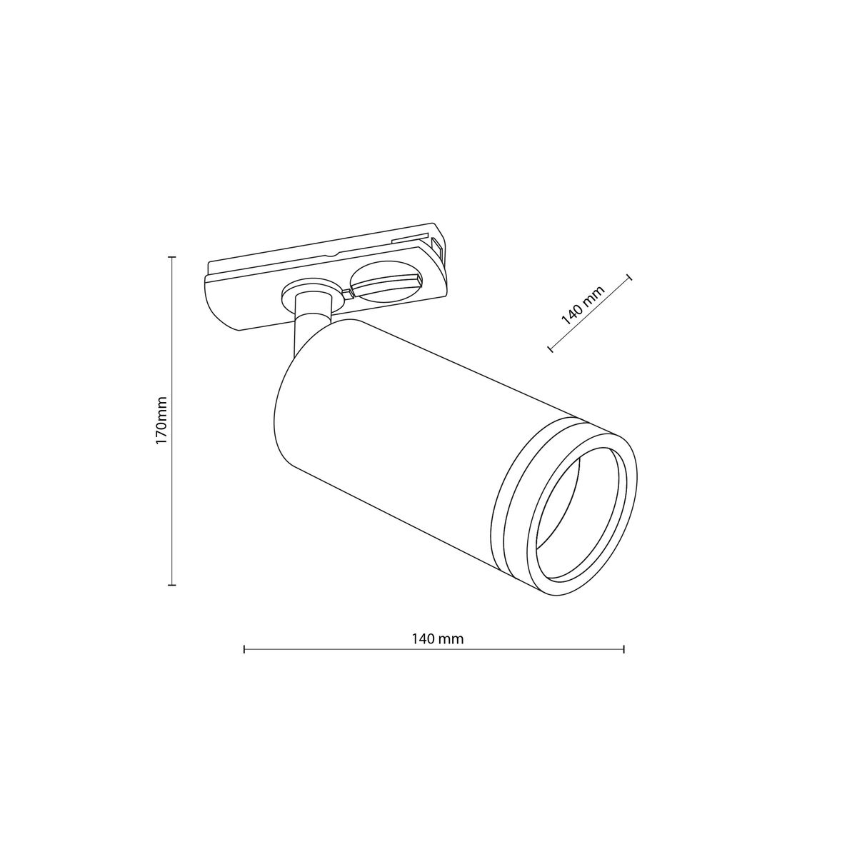 Reflektor Tracer Ring Slim w kolorze białym, montowany na szynie 1-fazowej. Cylindryczny kształt, wymiary: 170 mm wysokości, 140 mm średnicy. Ujęcie z boku pokazuje mocowanie oraz otwór na żarówkę GU10.