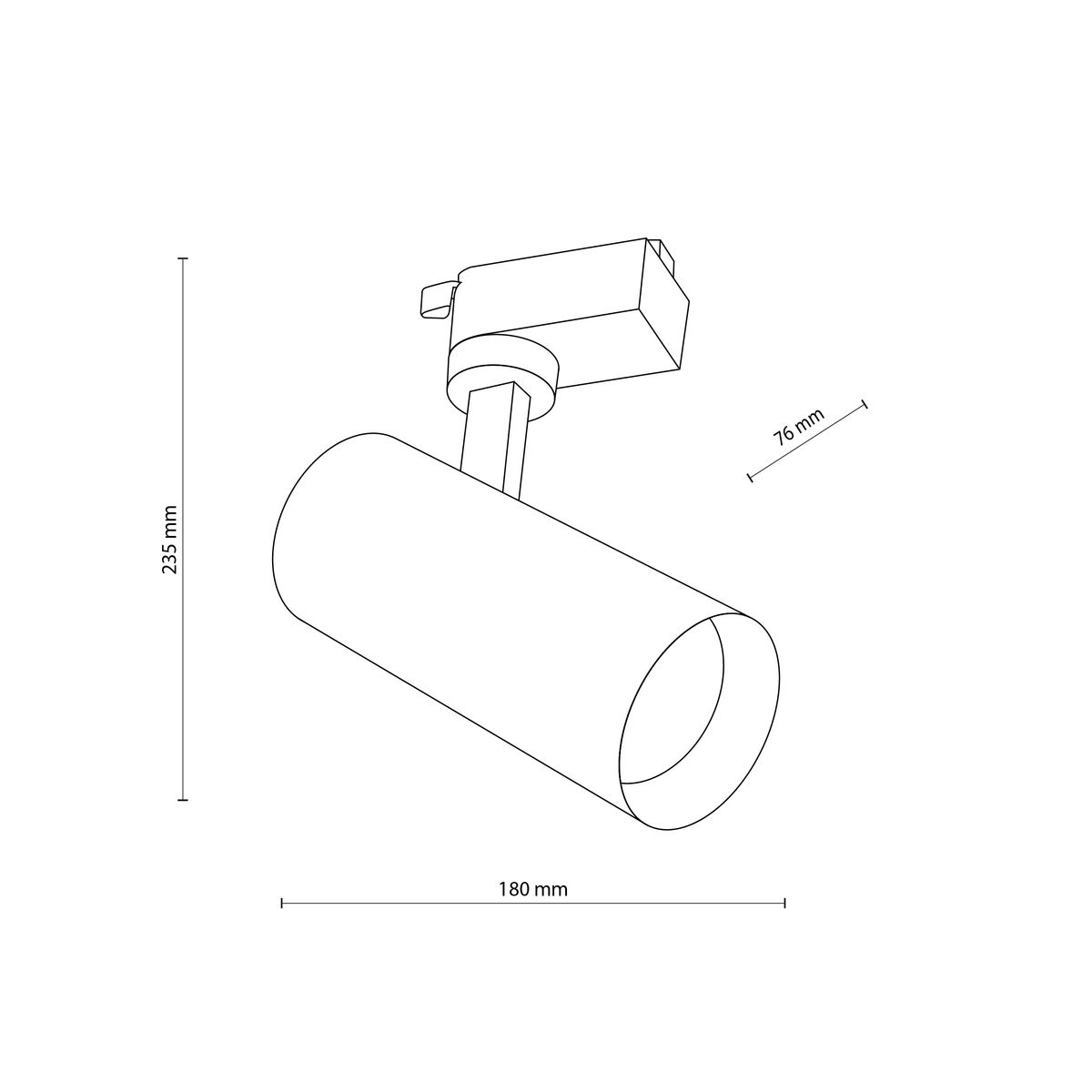 Reflektor spot Tracer 1xLED 20W CCT w kolorze białym, montowany na szynie 1-fazowej. Cylindryczny kształt, wymiary: 180 mm długości, 76 mm średnicy, wysokość 235 mm. Prosty design, idealny do oświetlenia wnętrz.