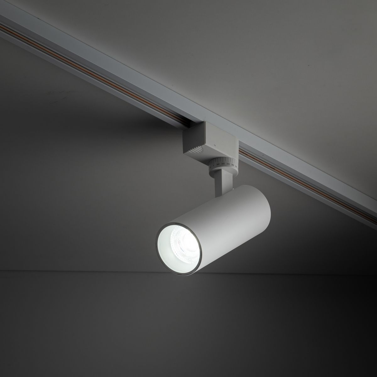 Reflektor spot Tracer 1xLED 10W CCT w kolorze białym, zamontowany na szynie 1-fazowej. Cylindryczny kształt z widocznym źródłem światła, skierowany w dół, z prostym, nowoczesnym designem. Oświetlenie w kontekście surowego, ciemnego tła.