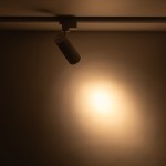 Reflektor Tracer 1xLED 10W CCT w kolorze białym, zamontowany na szynie 1-fazowej. W kierunku ściany emituje ciepłe światło, ukazując okrągły strumień świetlny na jasnym tle. Kształt cylindryczny z widocznym mocowaniem.