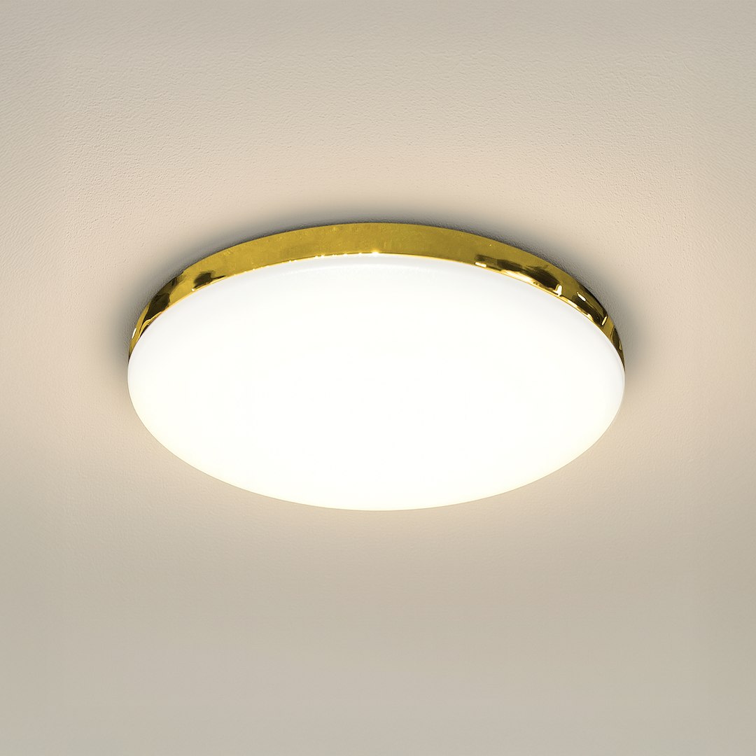 Plafon LED Maya D33 z białym, okrągłym kloszem i złotą obręczą. Montowany sufitowo, o mocy 15W i barwie światła 4000K. Produkt o klasie szczelności IP44, idealny do łazienek lub kuchni.