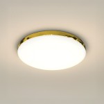 Plafon LED Maya D33 z białym, okrągłym kloszem i złotą obręczą. Montowany sufitowo, o mocy 15W i barwie światła 4000K. Produkt o klasie szczelności IP44, idealny do łazienek lub kuchni.