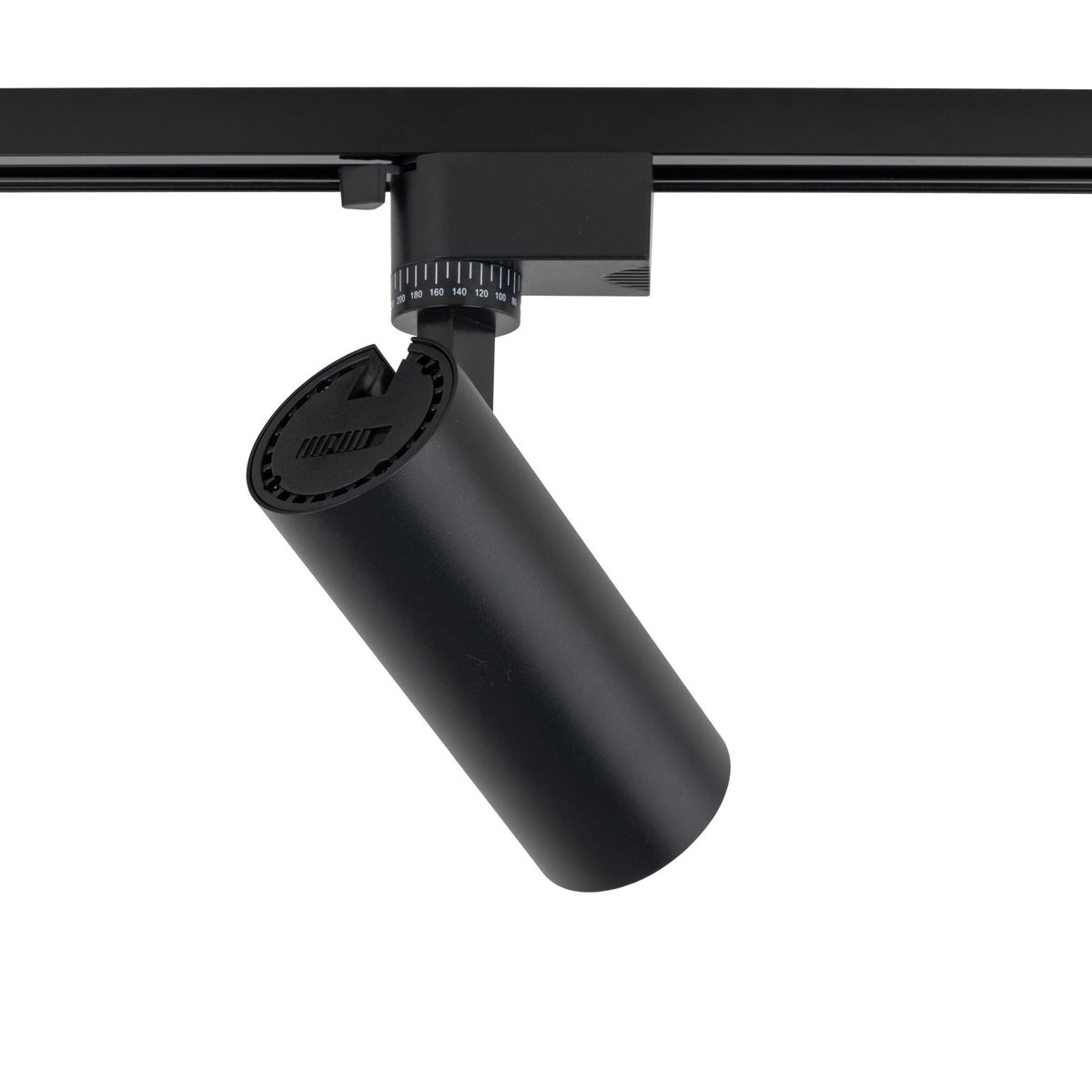 Czarny reflektor spot Tracer 1xLED 10W CCT, montowany na szynie 1-fazowej. Cylindryczny kształt z regulowanym kątem świecenia, widoczny mechanizm regulacji na górze. Produkt w pozycji wiszącej, na jednolitym tle.