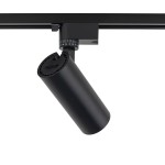 Czarny reflektor spot Tracer 1xLED 10W CCT, montowany na szynie 1-fazowej. Cylindryczny kształt z regulowanym kątem świecenia, widoczny mechanizm regulacji na górze. Produkt w pozycji wiszącej, na jednolitym tle.