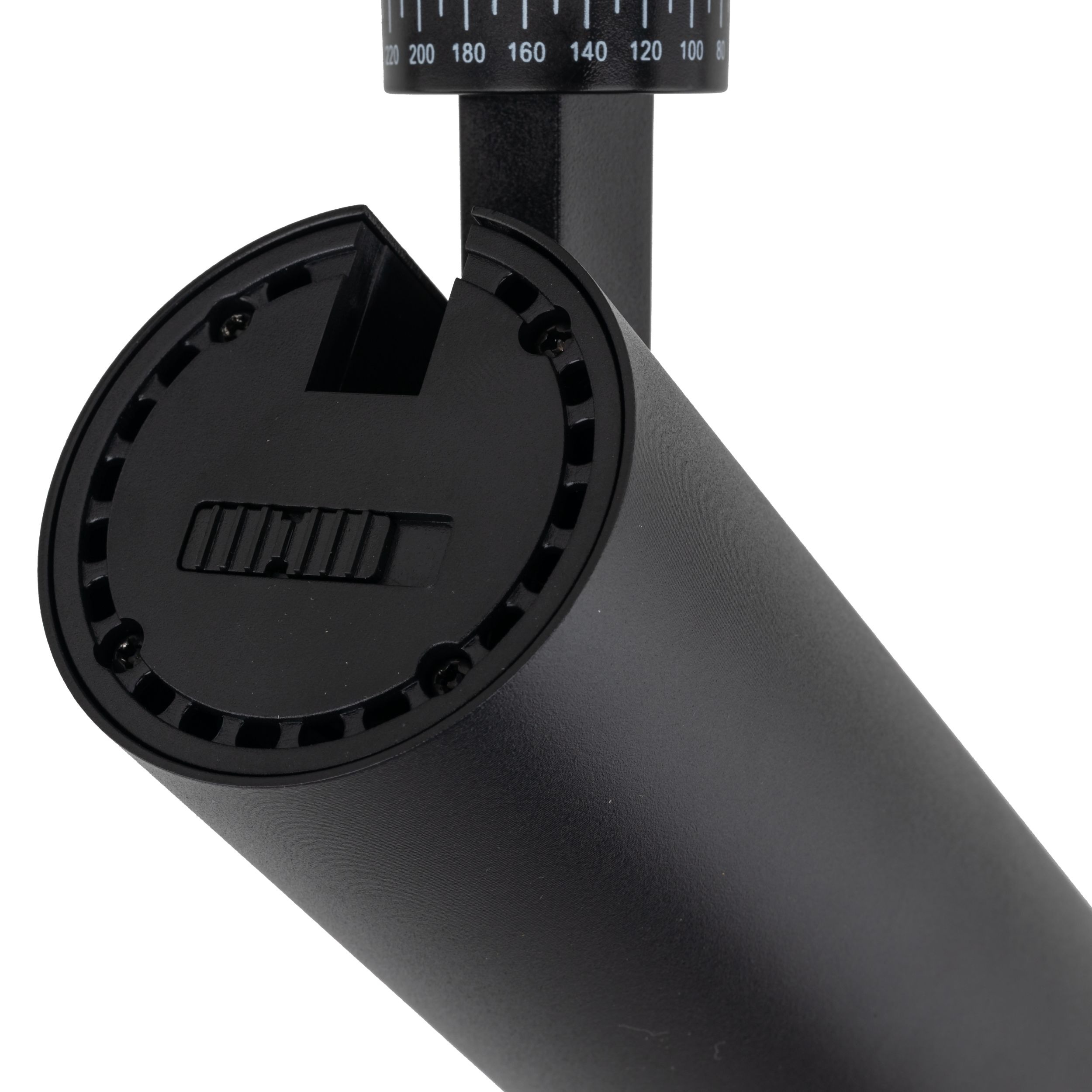 Reflektor spot Tracer 1xLED 10W CCT w kolorze czarnym, widok z góry na tylną część z wcięciem montażowym oraz oznaczeniem kątów obrotu. Produkt przeznaczony do montażu na szynie 1-fazowej, wykonany z matowego materiału.